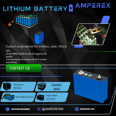 Advertisement for Lithium Battery by Amperex with product details and contact information.
